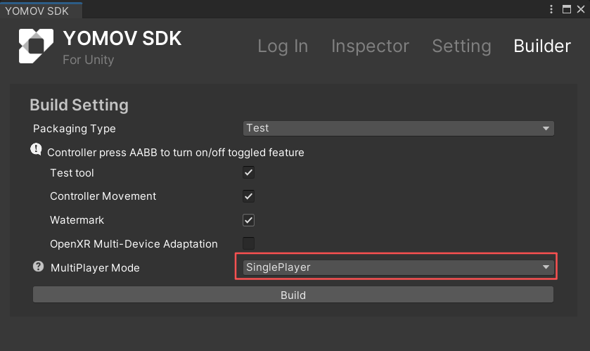 Legacy screenshot: in the current SDK, disabling Multiplayer Sync automatically uses SinglePlayer and hides MultiPlayer Mode.
