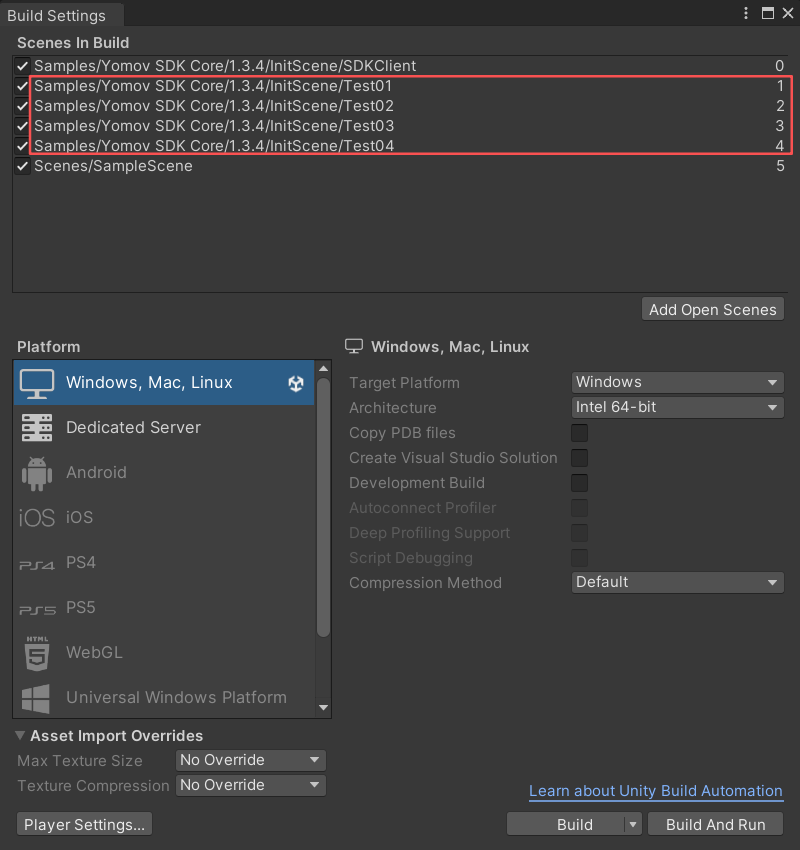 Build Settings: arrange scenes from top to bottom in runtime order